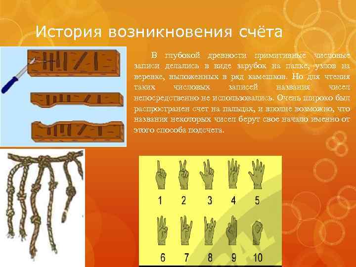 История возникновения счёта В глубокой древности примитивные числовые записи делались в виде зарубок на