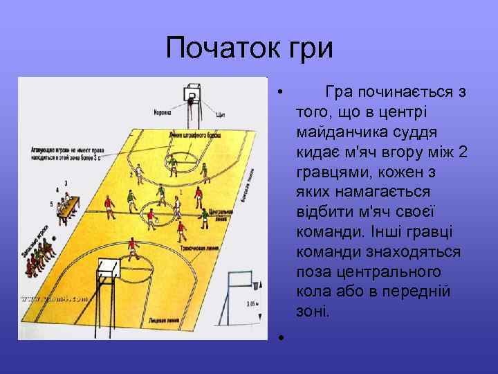 Початок гри • • Гра починається з того, що в центрі майданчика суддя кидає