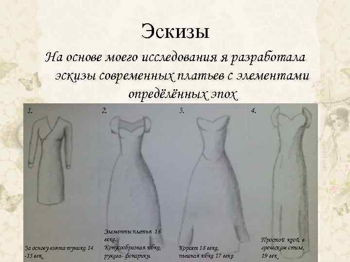 Эскизы На основе моего исследования я разработала эскизы современных платьев с элементами опредёлённых эпох