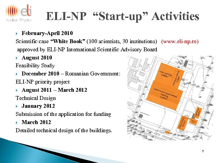 ELI-NP “Start-up” Activities February-April 2010 Scientific case “White Book” (100 scientists, 30 institutions) (www.