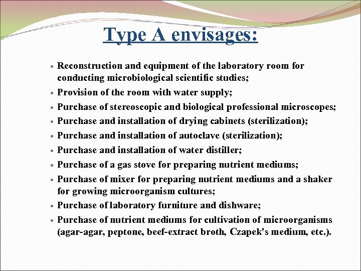 Type A envisages: Reconstruction and equipment of the laboratory room for conducting microbiological scientific