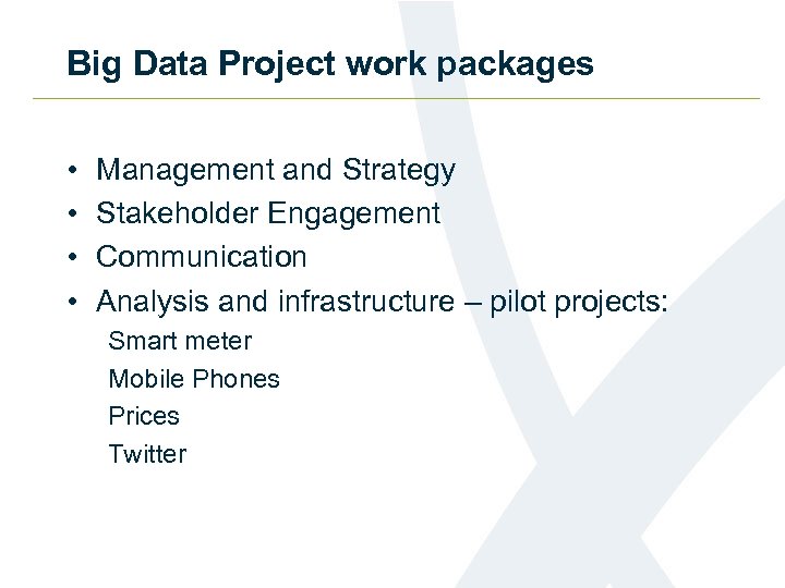 Big Data Project work packages • • Management and Strategy Stakeholder Engagement Communication Analysis
