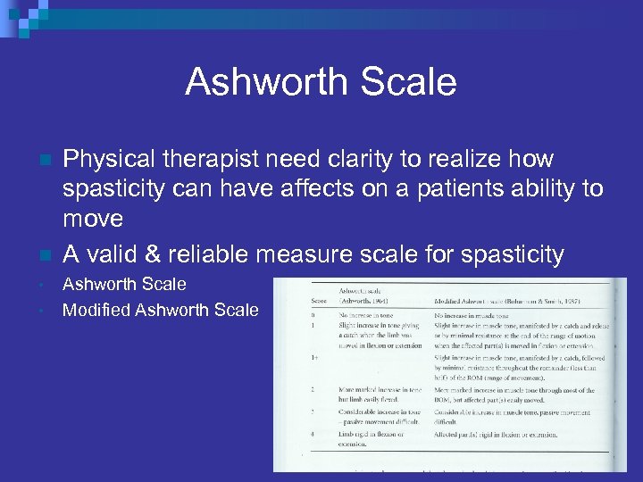 Ashworth Scale n n • • Physical therapist need clarity to realize how spasticity