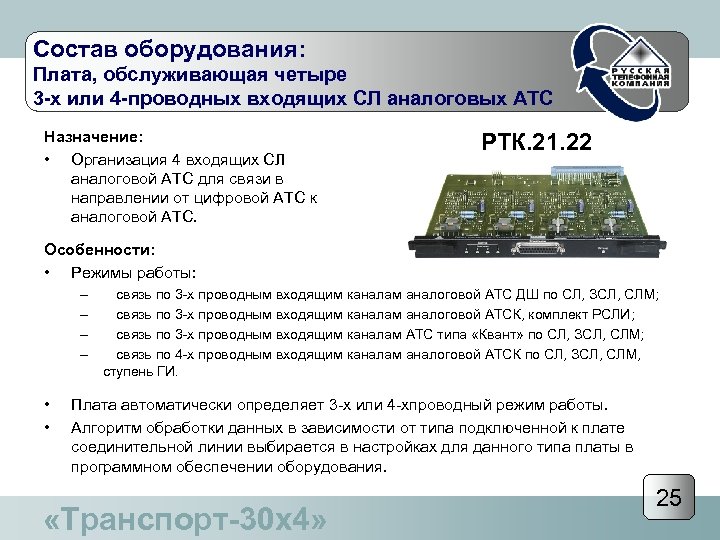 Состав оборудования: Плата, обслуживающая четыре 3 -х или 4 -проводных входящих СЛ аналоговых АТС