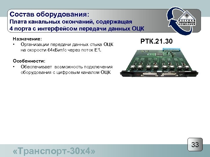 Состав оборудования: Плата канальных окончаний, содержащая 4 порта с интерфейсом передачи данных ОЦК Назначение: