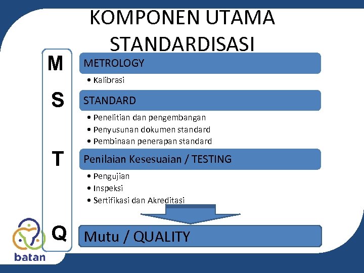 M S KOMPONEN UTAMA STANDARDISASI METROLOGY • Kalibrasi STANDARD • Penelitian dan pengembangan •