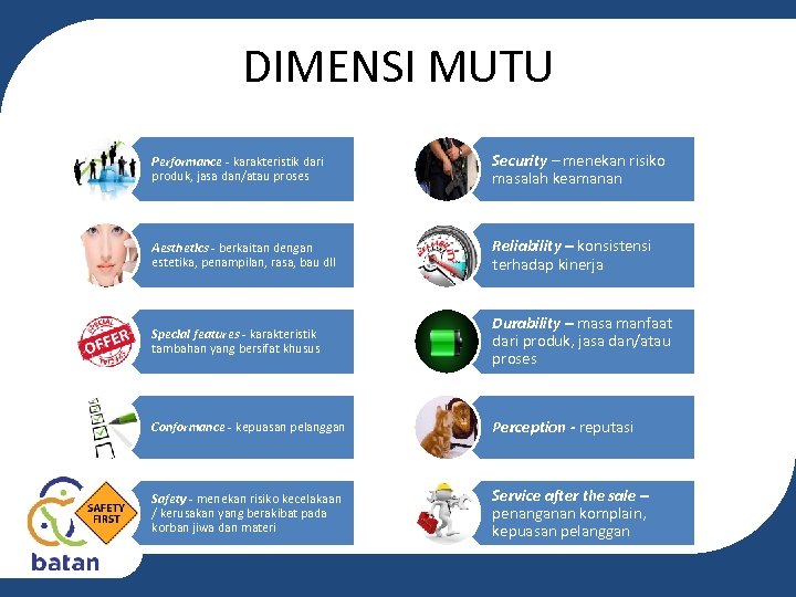 DIMENSI MUTU Performance - karakteristik dari produk, jasa dan/atau proses Security – menekan risiko