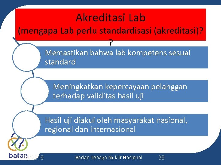 Akreditasi Lab (mengapa Lab perlu standardisasi (akreditasi)? ? Memastikan bahwa lab kompetens sesuai standard