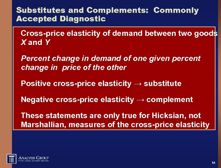 Substitutes and Complements: Commonly Accepted Diagnostic Cross-price elasticity of demand between two goods X