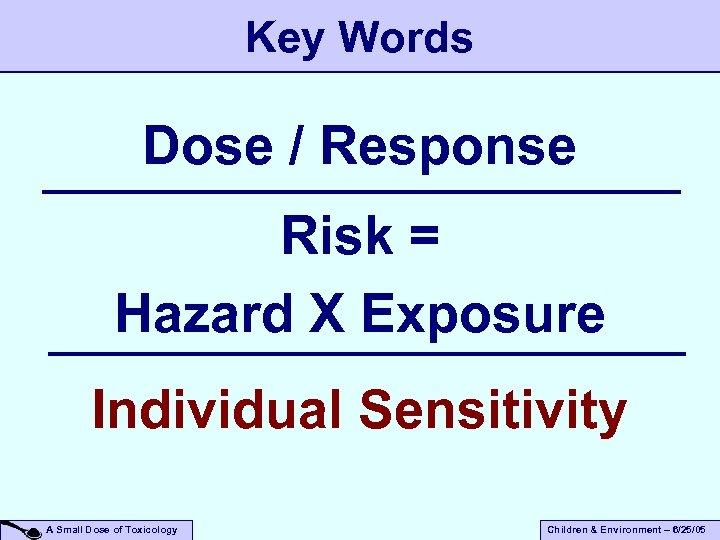 Key Words Dose / Response Risk = Hazard X Exposure Individual Sensitivity A Small