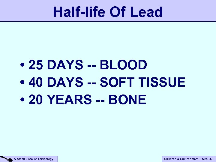 Half-life Of Lead • 25 DAYS -- BLOOD • 40 DAYS -- SOFT TISSUE