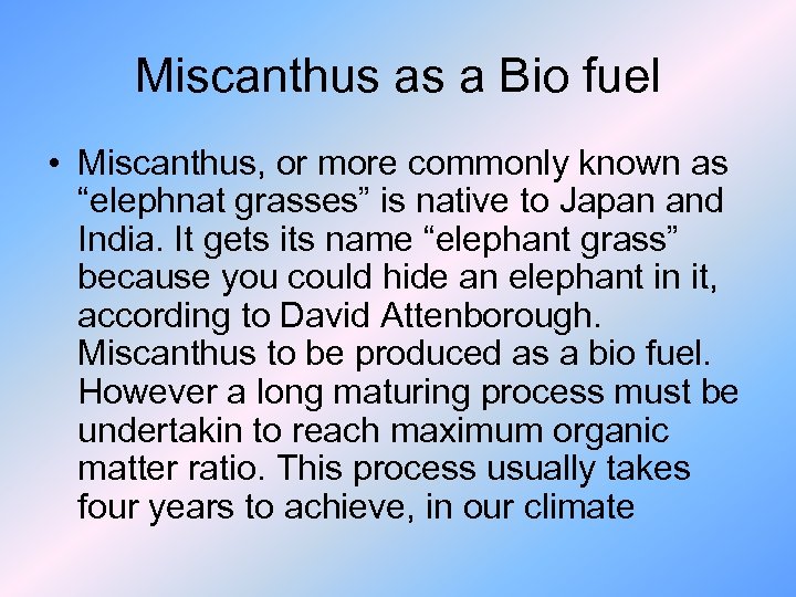 Miscanthus as a Bio fuel • Miscanthus, or more commonly known as “elephnat grasses”