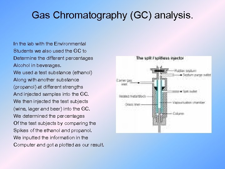 Gas Chromatography (GC) analysis. In the lab with the Environmental Students we also used