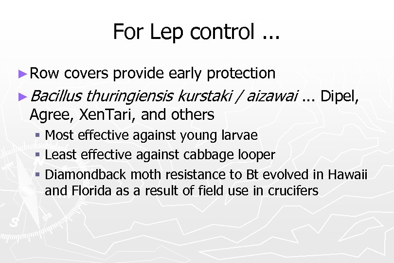 For Lep control. . . ► Row covers provide early protection ► Bacillus thuringiensis