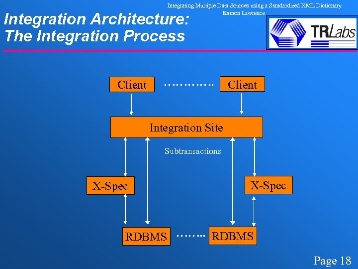 Integrating Multiple Data Sources using a Standardized XML Dictionary Ramon Lawrence Integration Architecture: The