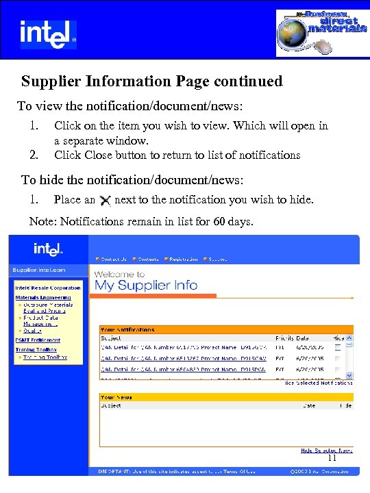  Supplier Information Page continued To view the notification/document/news: 1. 2. Click on the
