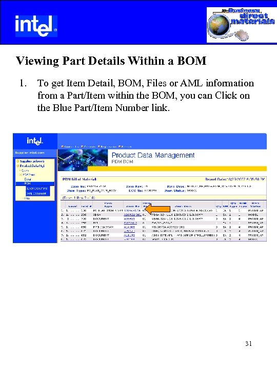 Viewing Part Details Within a BOM 1. To get Item Detail, BOM, Files