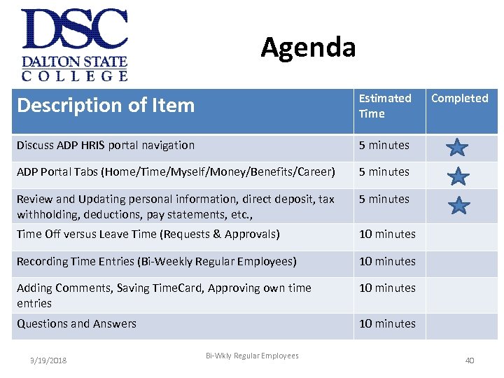 Agenda Description of Item Estimated Time Discuss ADP HRIS portal navigation 5 minutes ADP