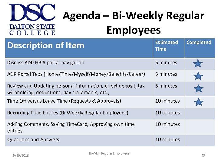 Agenda – Bi-Weekly Regular Employees Description of Item Estimated Time Discuss ADP HRIS portal