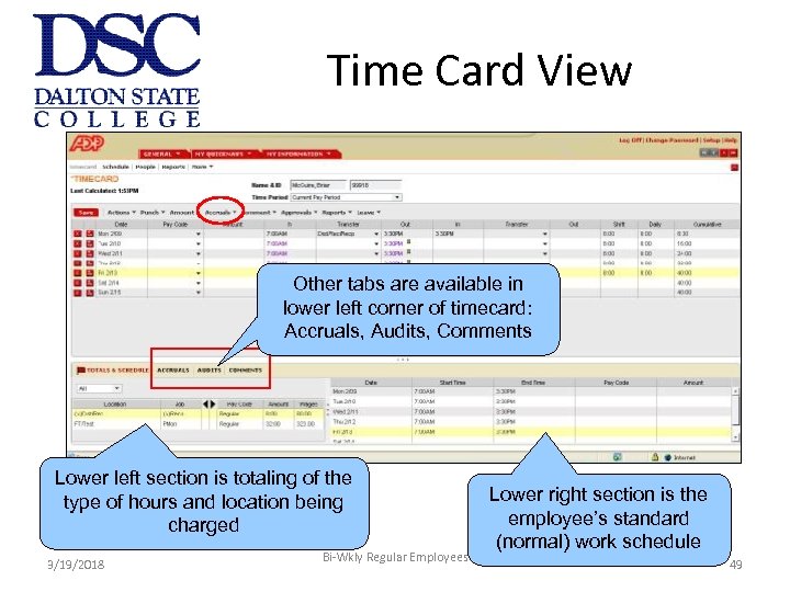 Time Card View Other tabs are available in lower left corner of timecard: Accruals,