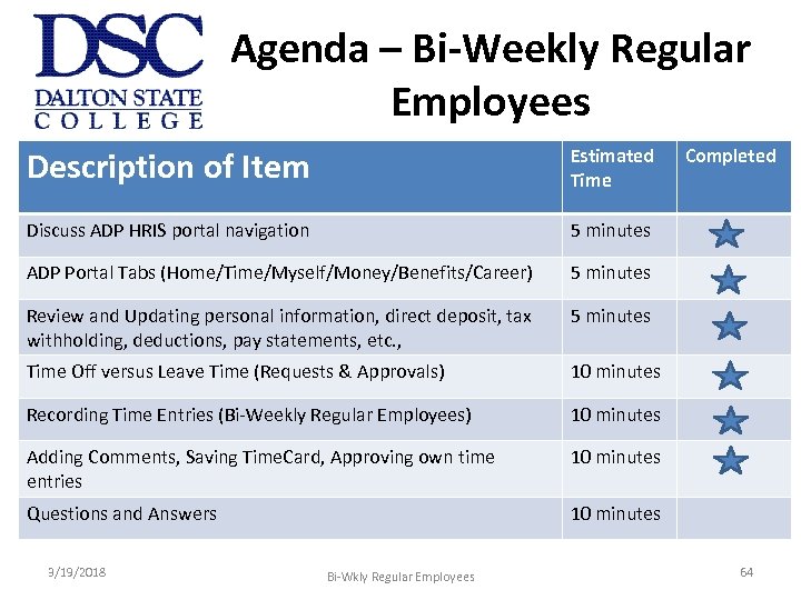 Agenda – Bi-Weekly Regular Employees Description of Item Estimated Time Discuss ADP HRIS portal