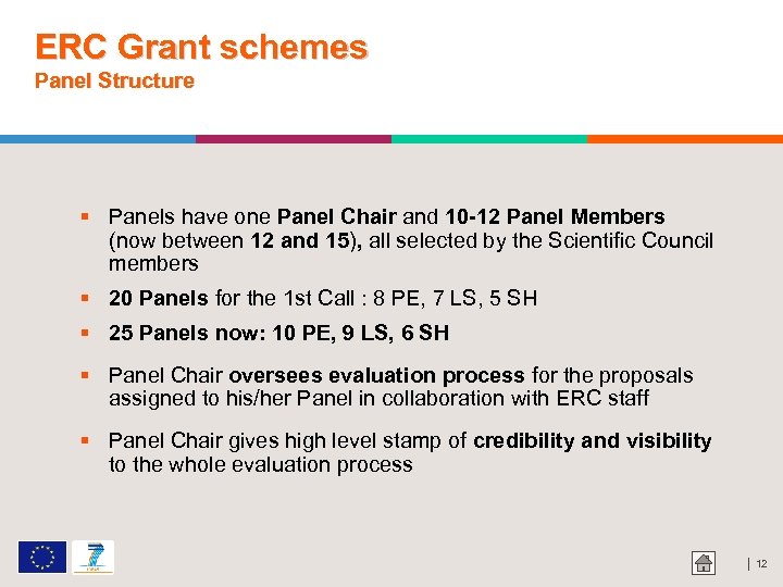 ERC Grant schemes Panel Structure Panels have one Panel Chair and 10 -12 Panel