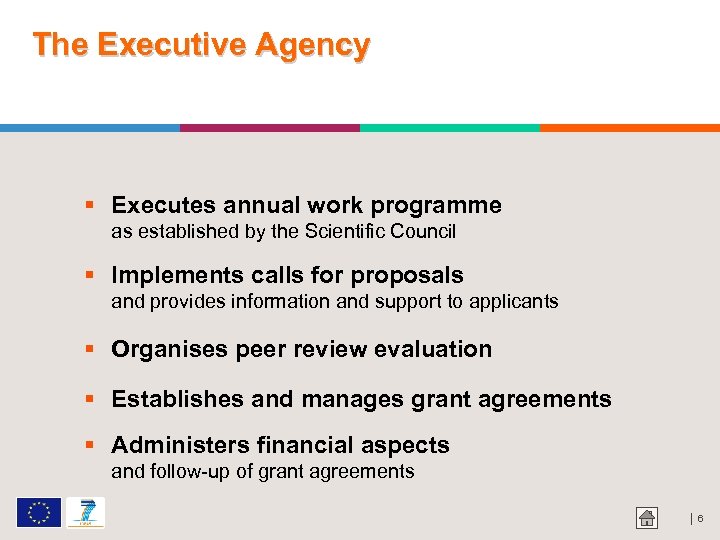 The Executive Agency Executes annual work programme as established by the Scientific Council Implements