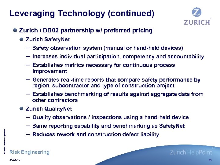 Leveraging Technology (continued) Zurich / DB 02 partnership w/ preferred pricing Zurich Safety. Net