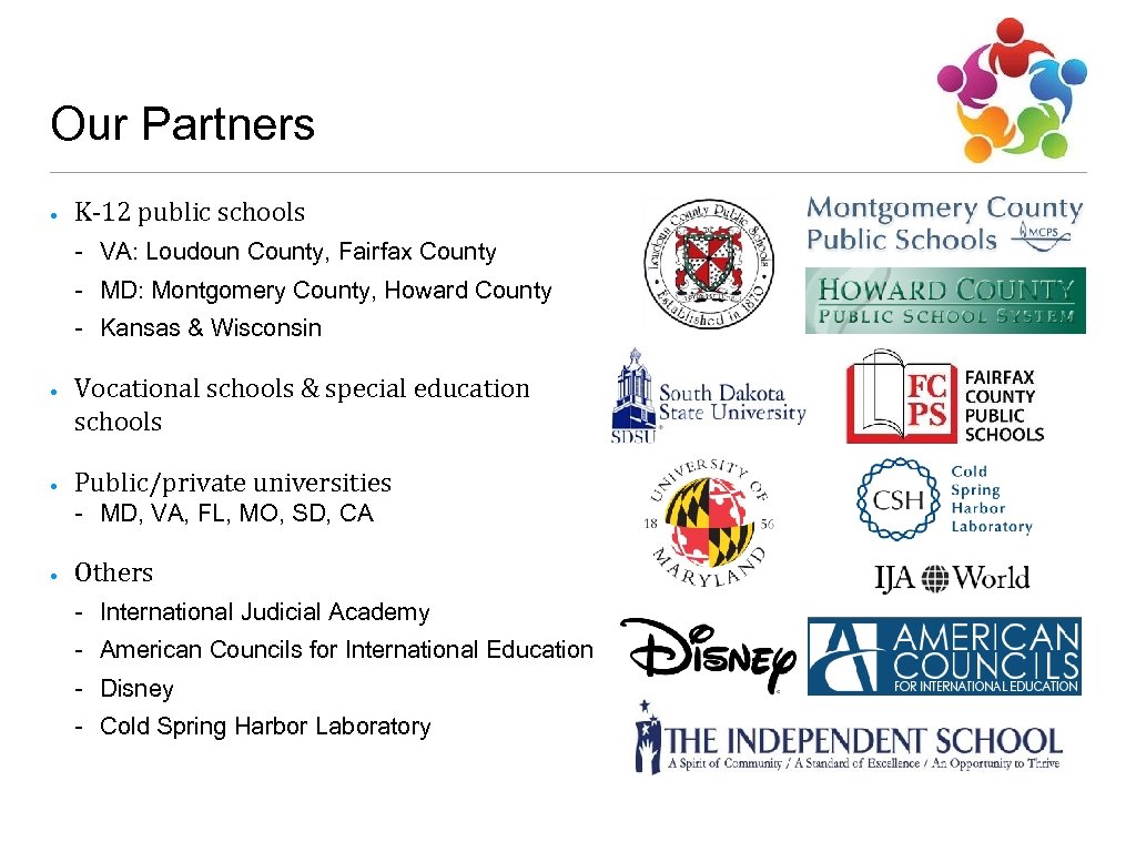 Our Partners • K-12 public schools - VA: Loudoun County, Fairfax County - MD: