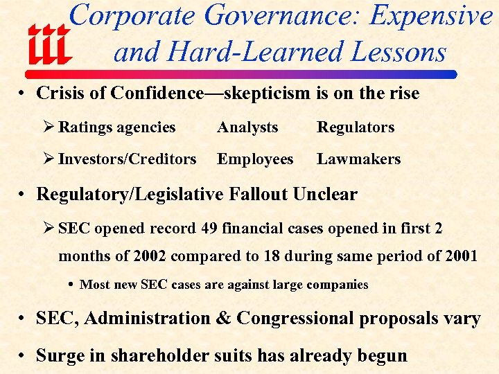 Corporate Governance: Expensive and Hard-Learned Lessons • Crisis of Confidence—skepticism is on the rise