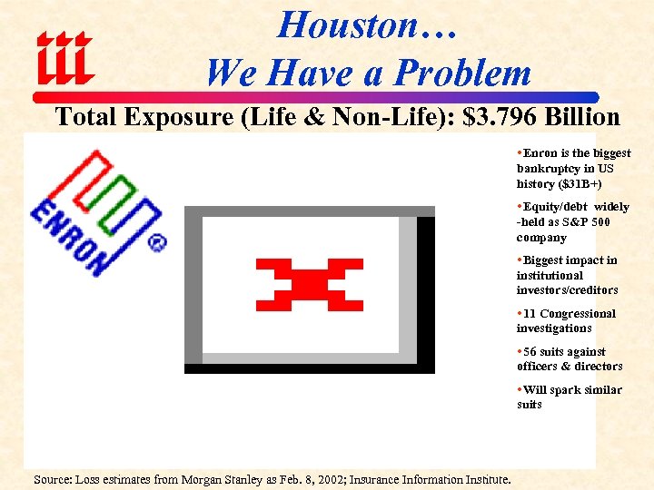 Houston… We Have a Problem Total Exposure (Life & Non-Life): $3. 796 Billion Enron