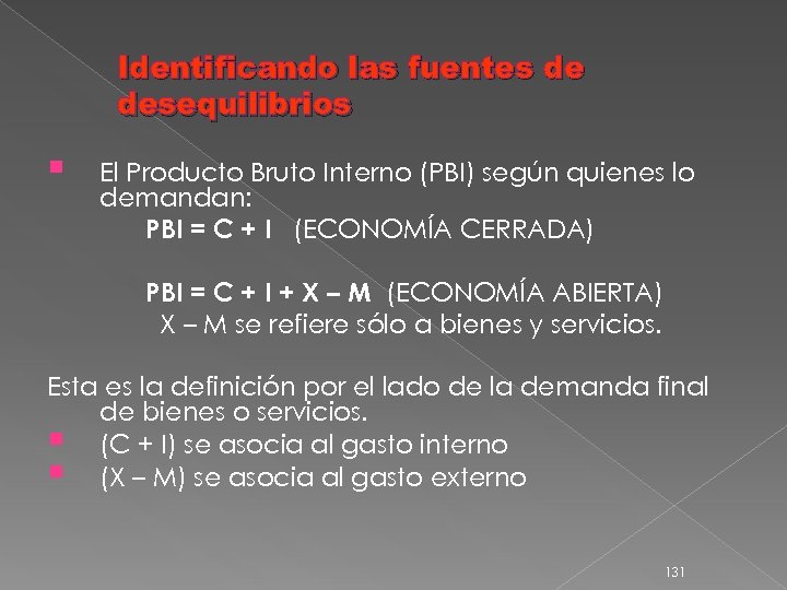 Identificando las fuentes de desequilibrios § El Producto Bruto Interno (PBI) según quienes lo