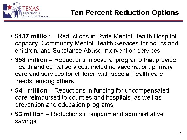 Ten Percent Reduction Options • $137 million – Reductions in State Mental Health Hospital
