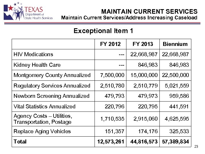 MAINTAIN CURRENT SERVICES Maintain Current Services/Address Increasing Caseload Exceptional Item 1 FY 2012 HIV
