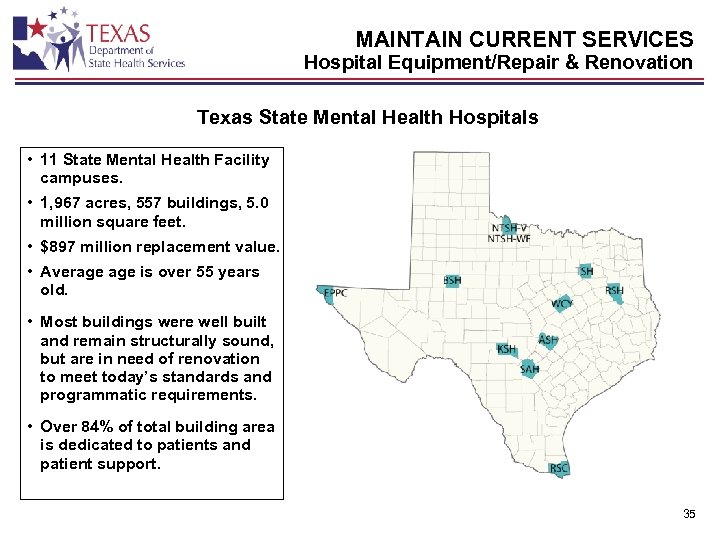 MAINTAIN CURRENT SERVICES Hospital Equipment/Repair & Renovation Texas State Mental Health Hospitals • 11