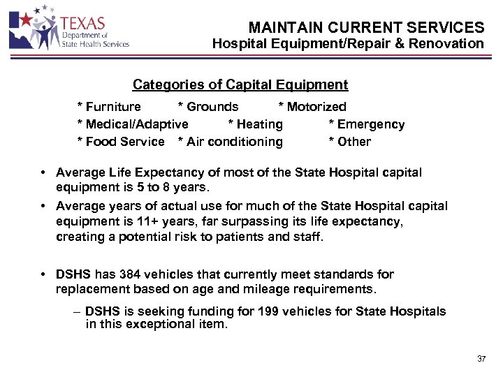 MAINTAIN CURRENT SERVICES Hospital Equipment/Repair & Renovation Categories of Capital Equipment * Furniture *