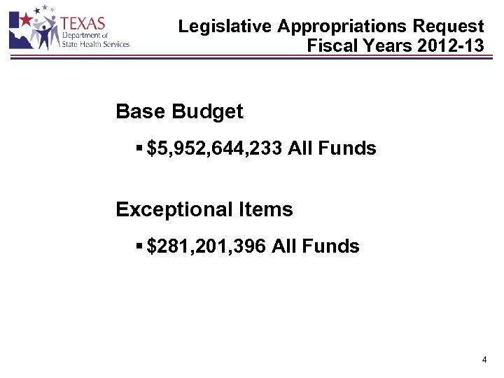 Legislative Appropriations Request Fiscal Years 2012 -13 Base Budget § $5, 952, 644, 233