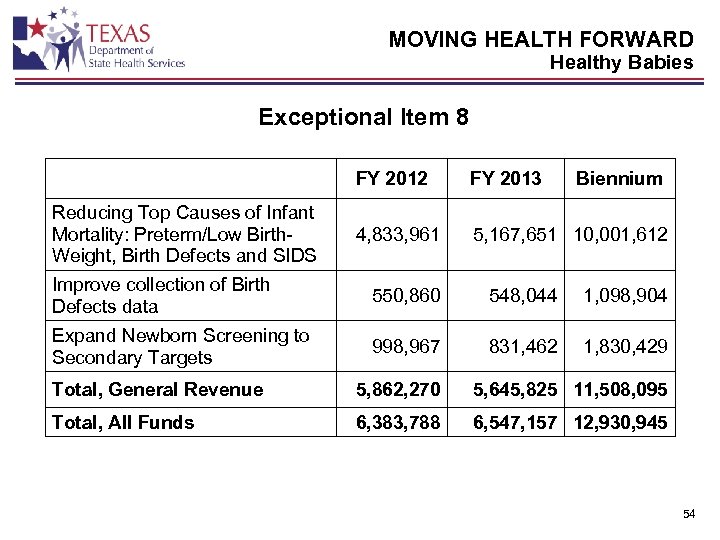 MOVING HEALTH FORWARD Healthy Babies Exceptional Item 8 FY 2012 Reducing Top Causes of