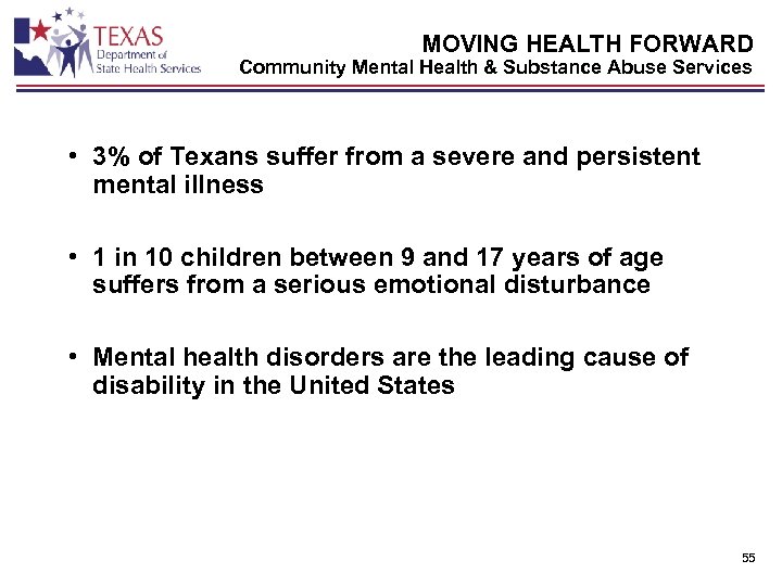 MOVING HEALTH FORWARD Community Mental Health & Substance Abuse Services • 3% of Texans
