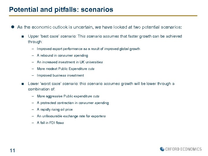 Potential and pitfalls: scenarios l As the economic outlook is uncertain, we have looked