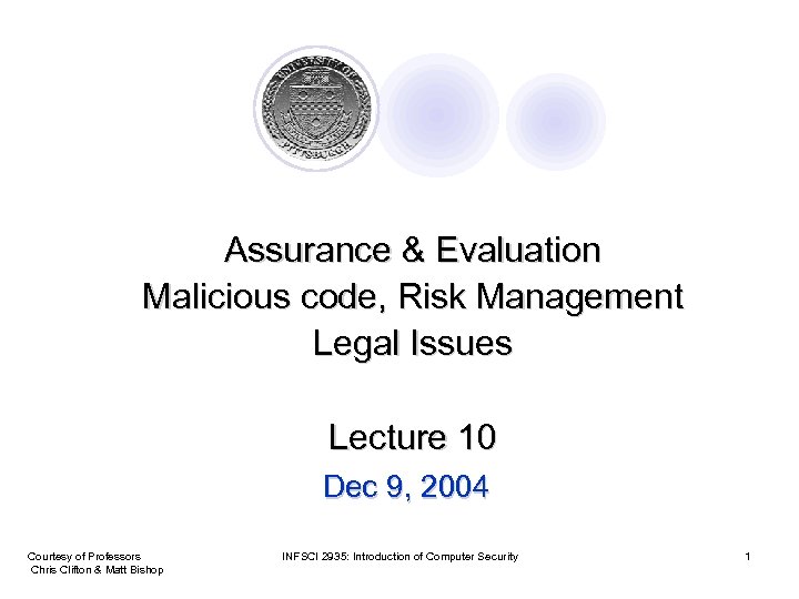 Assurance & Evaluation Malicious code, Risk Management Legal Issues Lecture 10 Dec 9, 2004