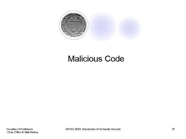 Malicious Code Courtesy of Professors Chris Clifton & Matt Bishop INFSCI 2935: Introduction of