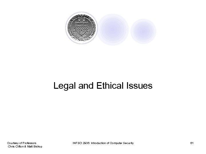Legal and Ethical Issues Courtesy of Professors Chris Clifton & Matt Bishop INFSCI 2935: