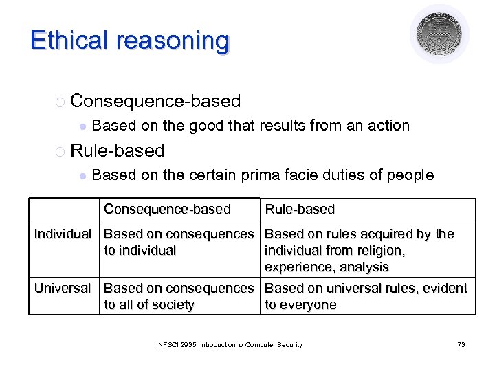 Ethical reasoning ¡ Consequence-based l Based on the good that results from an action