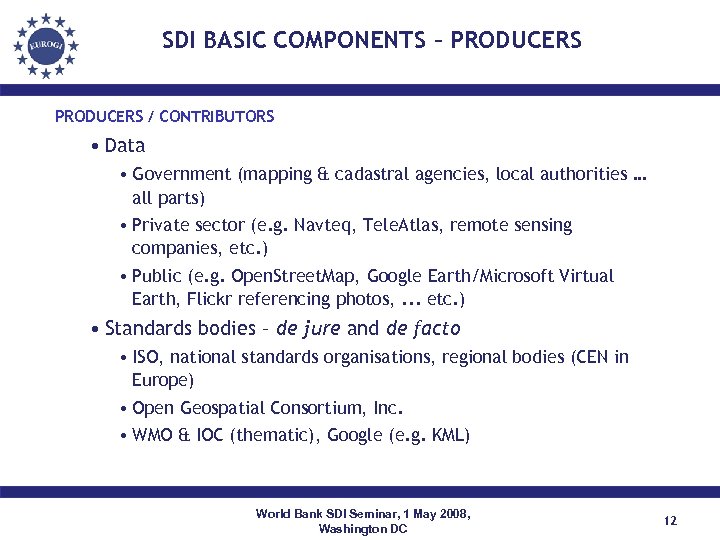 SDI BASIC COMPONENTS – PRODUCERS / CONTRIBUTORS • Data • Government (mapping & cadastral