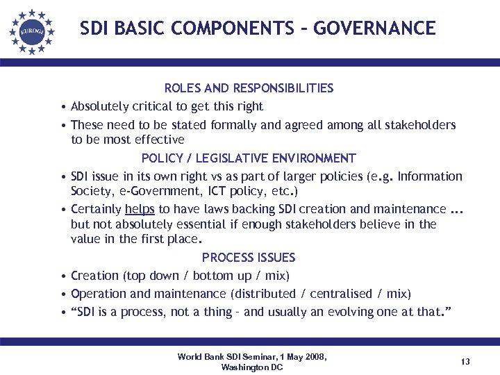 SDI BASIC COMPONENTS - GOVERNANCE ROLES AND RESPONSIBILITIES • Absolutely critical to get this