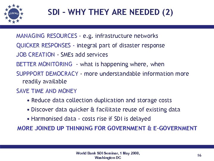 SDI – WHY THEY ARE NEEDED (2) MANAGING RESOURCES - e. g. infrastructure networks