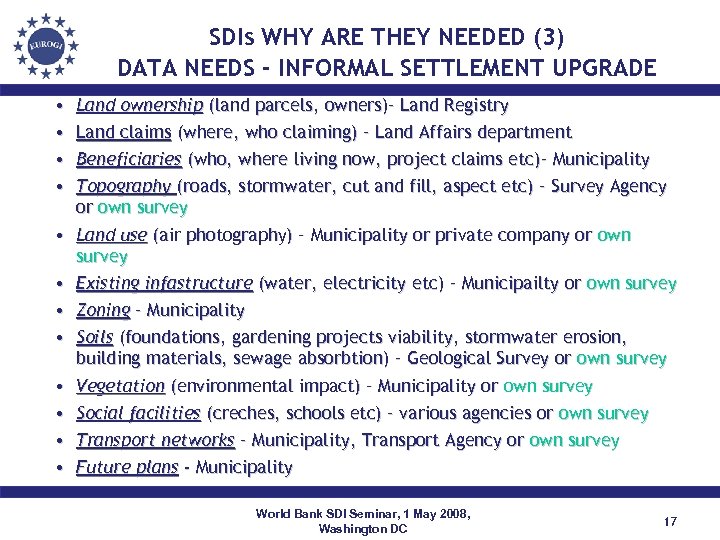 SDIs WHY ARE THEY NEEDED (3) DATA NEEDS - INFORMAL SETTLEMENT UPGRADE • •