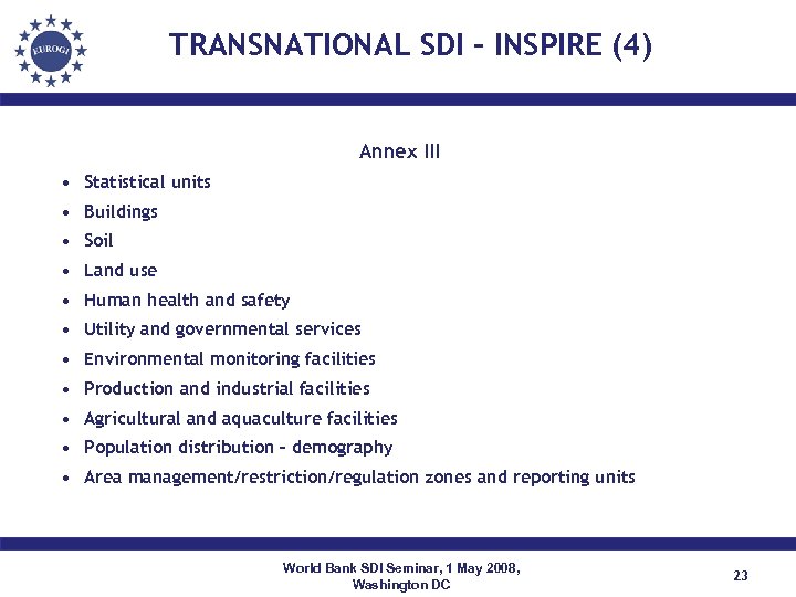 TRANSNATIONAL SDI – INSPIRE (4) Annex III • Statistical units • Buildings • Soil