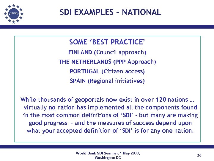 SDI EXAMPLES – NATIONAL SOME ‘BEST PRACTICE’ FINLAND (Council approach) THE NETHERLANDS (PPP Approach)